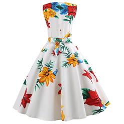 White Women's Vintage Round Neck Sleeveless Rose Lily Printed Swing Summer Day Dress N18581