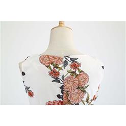 White Women's Vintage Round Neck Sleeveless Chinoiserie Peonies Birds Printed Swing Summer Day Dress N18582