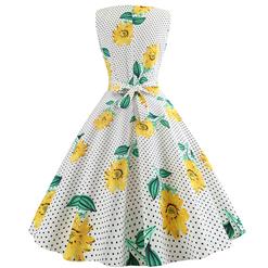 White Dot Women's Retro Round Neck Sleeveless Sunflowers Printed Swing Summer Day Dress N18586