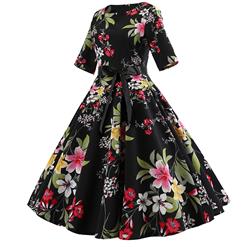 Vintage Floral Print Round Neck High Waist Half Sleeves Midi Swing Dress N18589