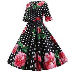 Vintage Peony and Polka Dots Pattern Round Neck High Waist Half Sleeves Midi Swing Dress N18590
