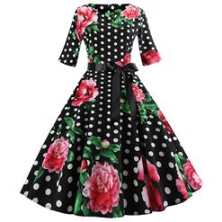 Vintage Peony and Polka Dots Pattern Round Neck High Waist Half Sleeves Midi Swing Dress N18590