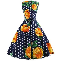 Deep Blue Dot Women's Retro Round Neck Sleeveless Flowers Printed Swing Summer Day Dress N18591