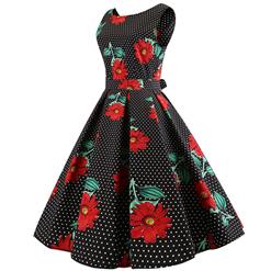 Black Dot Women's Retro Round Neckline Sleeveless Red Gerbera Printed Swing Summer Day Dress N18594