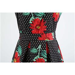 Black Dot Women's Retro Round Neckline Sleeveless Red Gerbera Printed Swing Summer Day Dress N18594