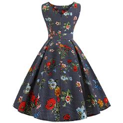 Deep Blue Grid Women's Retro Round Neckline Sleeveless Floral Printed Swing Summer Day Dress N18595