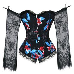 Women's Fashion Boned Black Floral Print Overbust Corset with Long Floral Lace Sleeve N18638