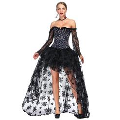 Victorian Gothic Black Floral Print Plastic Boned Lace Overbust Corset with Organza High Low Skirt Sets N18642
