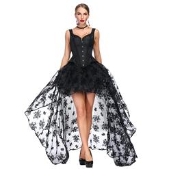 Victorian Gothic Black Wide Shoulder Straps Jacquard Overbust Corset with Organza High Low Skirt Sets N18643