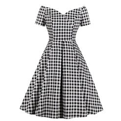 Retro Black and White Check Pattern Off Shoulder Short Sleeves High Waist A Line Swing Dress N18651