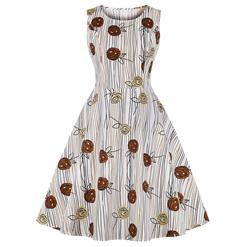Vintage Wood Grain and Roses Print Round Neckline Sleeveless High Waist Swing Dress N18652
