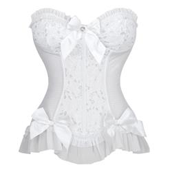 Sexy Strapless Plastic Bone White Jacquard Bride Bowknot and Ruffle Overbust Corset N18653