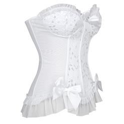 Sexy Strapless Plastic Bone White Jacquard Bride Bowknot and Ruffle Overbust Corset N18653