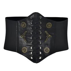 Steampunk Black Leather Bronze Metal Wheel Gear Front Lace Up High Waisted Cincher Corset Belt N18654