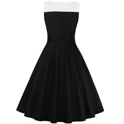 Plus Size Vintage Black and White Patchwork V Neckline Sleeveless High Waist Midi Dress N18657