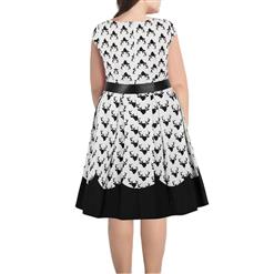 Plus Size Vintage Black and White Reindeer Print Lapel Short Sleeves High Waist Midi Dress N18658