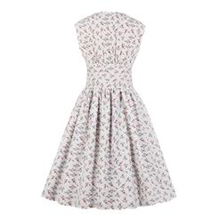 Vintage White Floral Print V Neck Sleeveless High Waist Swing Dress N18666