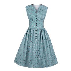 Vintage Blue Floral Print V Neck Sleeveless High Waist Swing Dress N18668