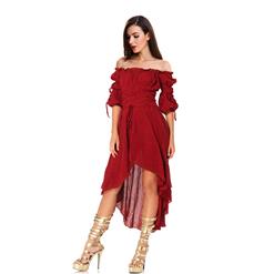 Sexy Gothic Wine Red Ruffled Off-shoulder Vampire High Waist High-low Dress N18687
