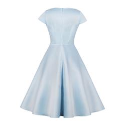 Elegant Light Blue Lotus Embroidered Short Sleeve High Waist A-line Party Dress N18694
