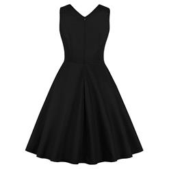 Vintage Black V Neck Floral Embroidered Sleeveless High Waist A-line Dress N18701