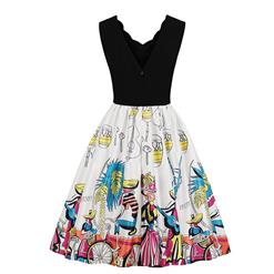 Fashion V Neck Mexican Style Print Sleeveless High Waist Swing Dress N18703