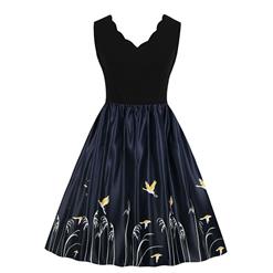 Fashion V Neck Wild Crane Print Sleeveless High Waist Party Swing Dress N18706