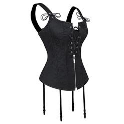 Gothic Style Black Jacquard Boned Wide Straps Lace Up Bustier Vest Corset N18708