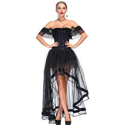 Victorian Gothic Purple Satin Off Shoulder Floral Lace Overbust Corset with Organza High Low Skirt Set N18716