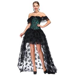Victorian Gothic Green Satin Off Shoulder Floral Lace Overbust Corset with Organza High Low Skirt Set N18717