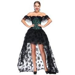 Victorian Gothic Green Satin Off Shoulder Floral Lace Overbust Corset with Organza High Low Skirt Set N18717