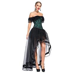 Victorian Gothic Green Satin Off Shoulder Floral Lace Overbust Corset with Organza High Low Skirt Set N18718