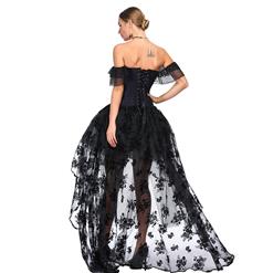 Victorian Gothic Purple Satin Off Shoulder Floral Lace Overbust Corset with Organza High Low Skirt Set N18719