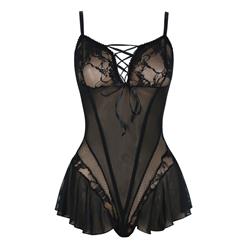 Sexy Black Sheer Floral Lace and Mesh Low-cut Stretchy Ruffled Pole Dancing Teddies Lingerie N18741