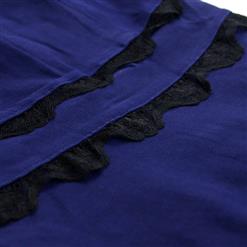 Vintage Blue Round Neck Lace Trim High Waist Swing Dress N18750
