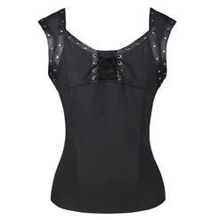 Gothic Style Rivet PU Leather Lace-up Short Sleeve Square Collar Crepe Blouse Top N18788