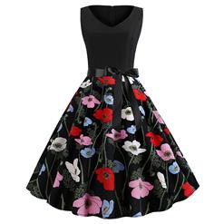 Vintage V Neck Black Bodice and Colorful Flower Pattern Splicing Sleeveless Summer Swing Dress N18824