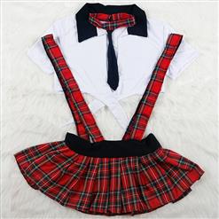 Sexy Adult School Girl Cosplay Costume Lapel Belly Shirt Crop Top Plaid Pleated Mini Braces Skirt Set N18918