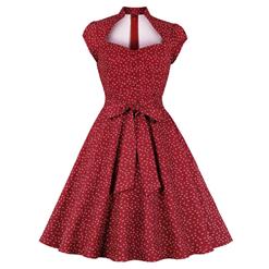 Retro Rockabilly Red Stand Collar Sweetheart Bodice Bowknot Cocktail Party Dress N19030