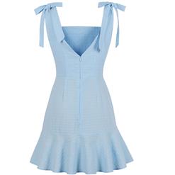 Casual Ligtht-blue Square Neckline Sleeveless Ruffle V-back Dress Summer Outing Mini Dress N19074