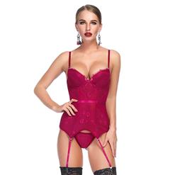 Charming Fuchsia Mesh and Floral Lace Spaghetti Straps Stretchy Chemise Bustier Corset N19203