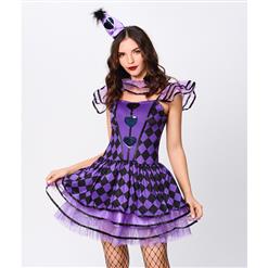 4pcs Deluxe Sexy Circus Clown Purple Grid Mini Dress  Black Heart Queen Cosplay Costume N19551