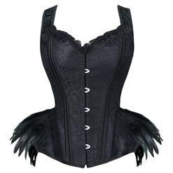 Victorian Gothic Black Feather Jacquard Wide Straps Boned Body Shaper Overbust Corset N19607