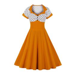 1950's Vintage Polka Dots Spliced Lapel Short Sleeve Cocktail Party A-line Swing Dress N19944
