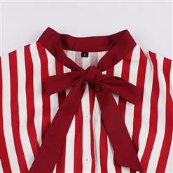 Vintage Vertical Striped Butterfly Collar Short Sleeve High Waist Button Midi Dress N20762