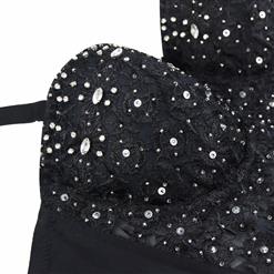 Sexy Black Lace Rhinestone Spaghetti Straps Bustier Corset Crop Top N21025