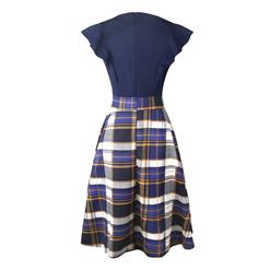 Vintage Plaid Patchwork Round Neck Flying Sleeves High Waist Cocktail Party Midi Dress N21378