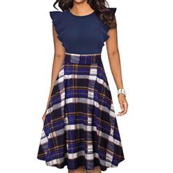 Vintage Plaid Patchwork Round Neck Flying Sleeves High Waist Cocktail Party Midi Dress N21378