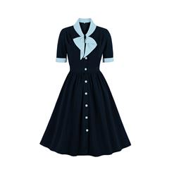 Vintage Tie Collar Front Button Short Sleeve High Waist Cocktail Party Midi Dress N21603
