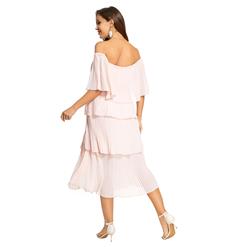 Fashion Pink Chiffon Off-shoulder Short Sleeve High Waist Cocktail Party Layered Dress N21901